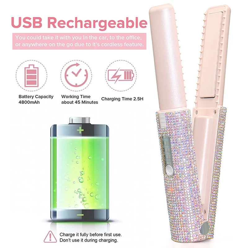 💎 GlowBeauty LuxeGlide Mini™ – Cordless Portable Hair Straightener with Rhinestones & Power Bank