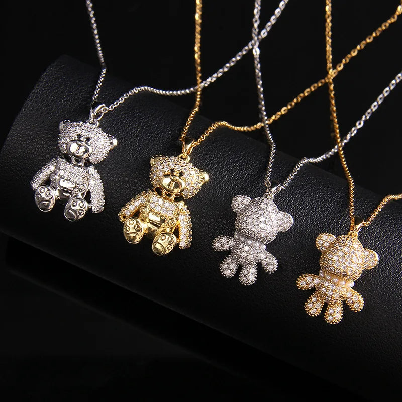 🐻 GlowLuxe BearGleam Necklace – Stainless Steel Bear Pendant with Sparkling Zircon