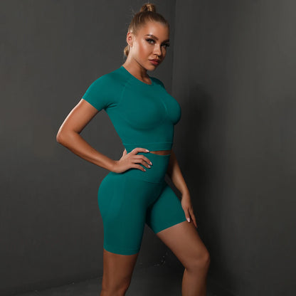 Peach buttocks solid color high elasticity yoga short sleeved shorts set fitness two-piece set