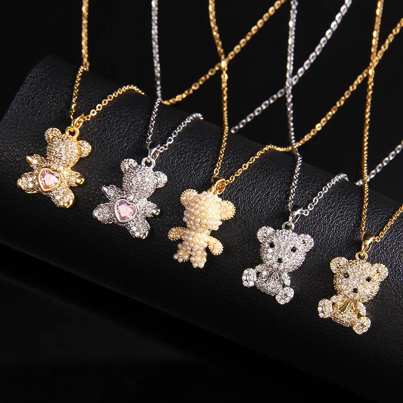 🐻 GlowLuxe BearGleam Necklace – Stainless Steel Bear Pendant with Sparkling Zircon