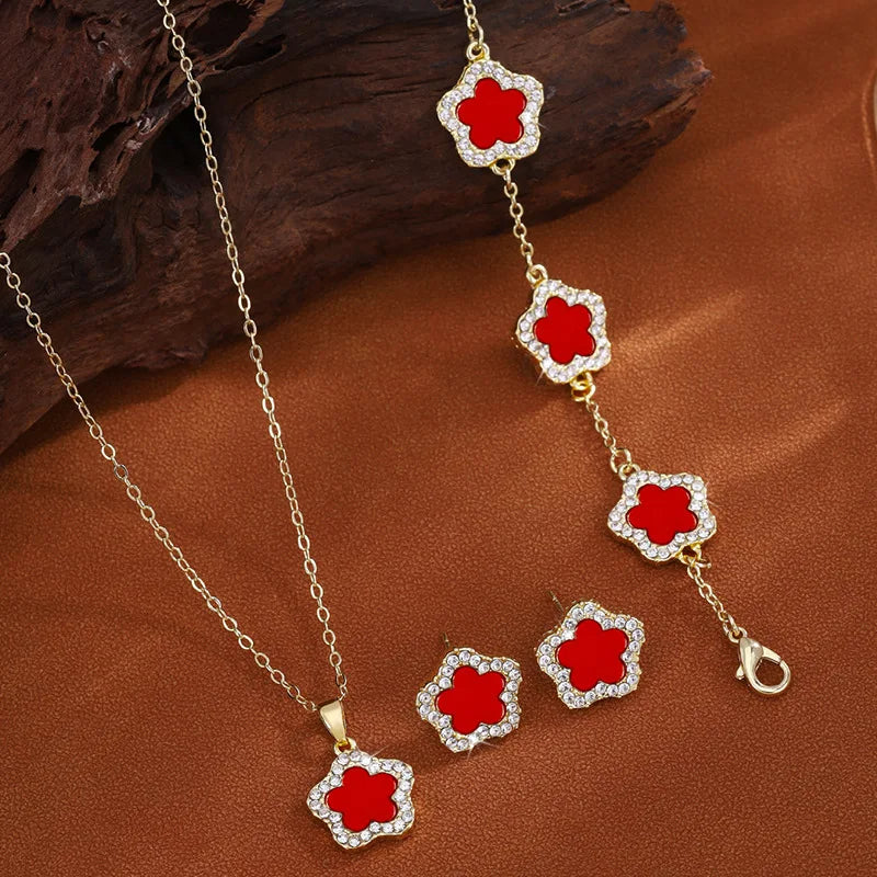 🌸 GlowLuxe FloraElegance Set – 3-Piece Stainless Steel Five-Leaf Flower Necklace, Earrings & Bracelet