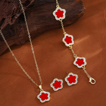 🌸 GlowLuxe FloraElegance Set – 3-Piece Stainless Steel Five-Leaf Flower Necklace, Earrings & Bracelet