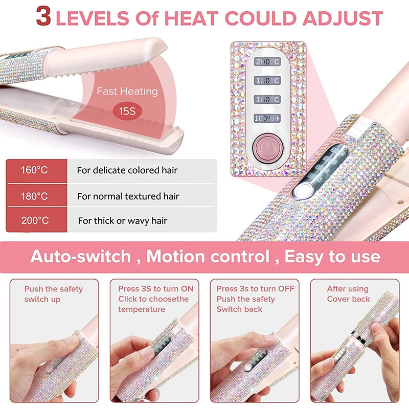 💎 GlowBeauty LuxeGlide Mini™ – Cordless Portable Hair Straightener with Rhinestones & Power Bank