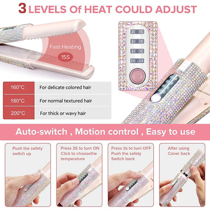 💎 GlowBeauty LuxeGlide Mini™ – Cordless Portable Hair Straightener with Rhinestones & Power Bank