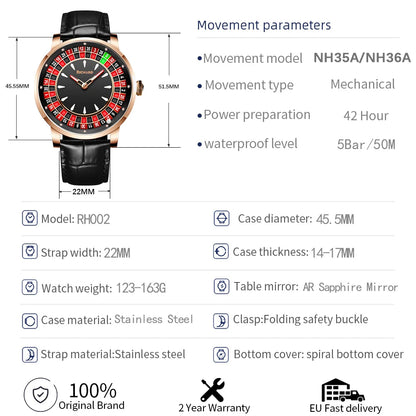🎰 GlowTime CasinoSpin – NH35 Automatic Mechanical Watch with Functional Roulette Dial