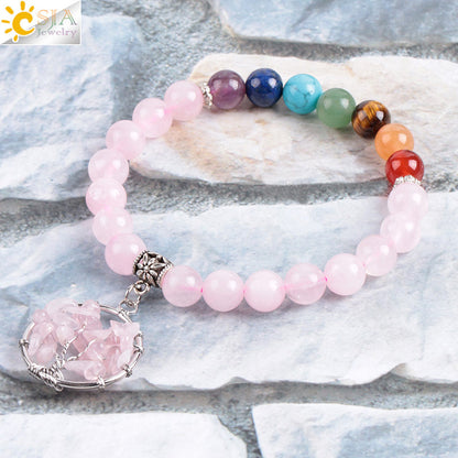 Women's natural colored pink crystal semi-precious stone bead bracelet pure handmade tree of life with pendant jewelry