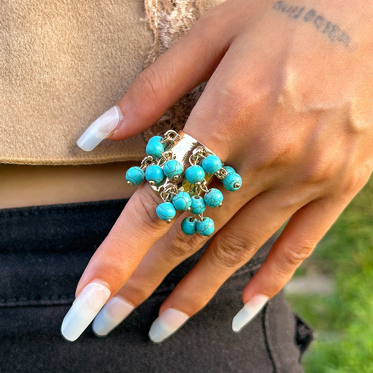 Vintage palace inlaid geometric ring, niche peacock stone circular alloy open ring