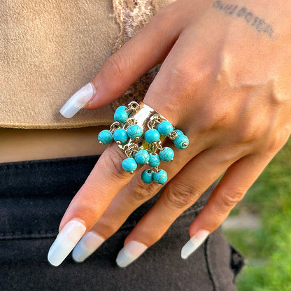 Vintage palace inlaid geometric ring, niche peacock stone circular alloy open ring