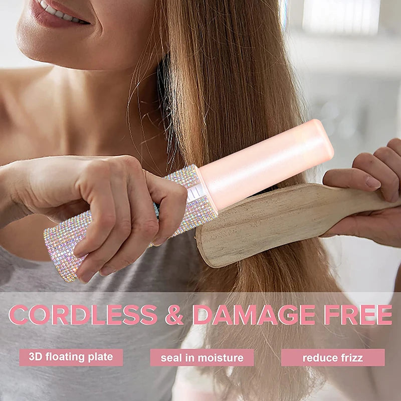 💎 GlowBeauty LuxeGlide Mini™ – Cordless Portable Hair Straightener with Rhinestones & Power Bank