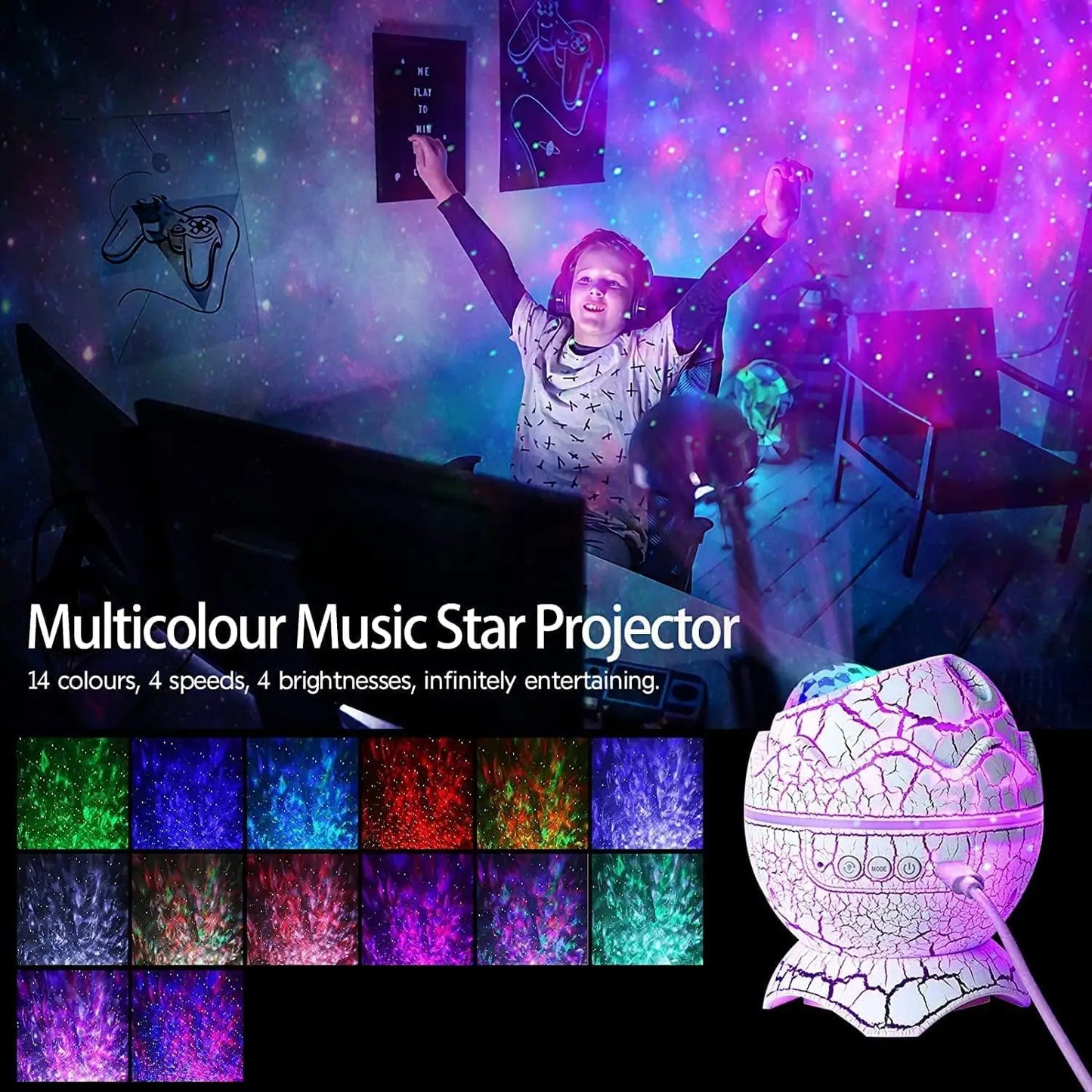 🦖 GlowHome GalaxyEgg™ – Dinosaur Egg Star Projector with Bluetooth Speaker & White Noise