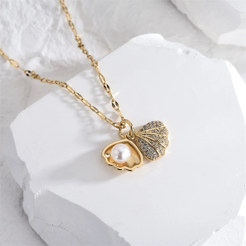 🌸 GlowCharm PearlShell – Openable Shell Pendant Necklace with Pearl