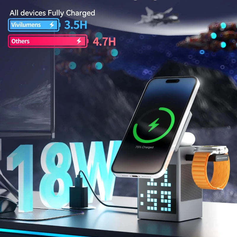 ⚡ GlowTech ChargeHub 6X – Magnetic Wireless Charger with Speaker, Clock & Night Light