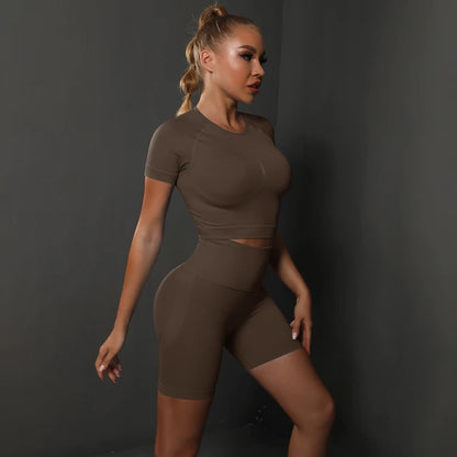 Peach buttocks solid color high elasticity yoga short sleeved shorts set fitness two-piece set
