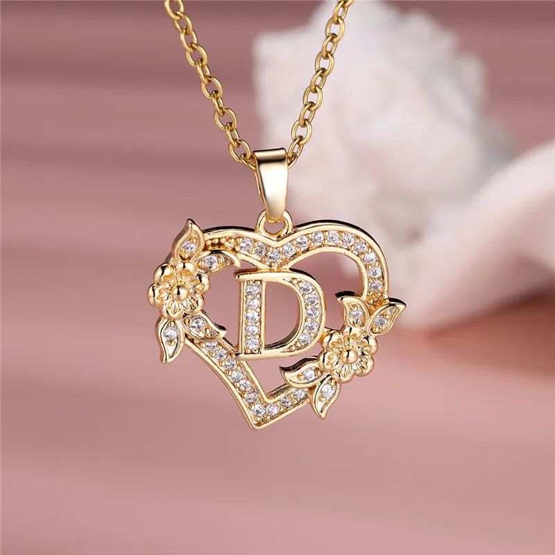 💛 GlowLuxe HeartBloom Initial Necklace – Custom Letter Gold Heart Pendant with Floral Design
