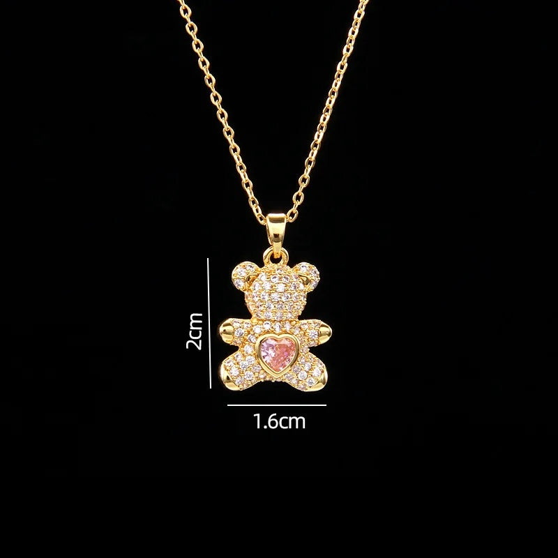🐻 GlowLuxe BearGleam Necklace – Stainless Steel Bear Pendant with Sparkling Zircon