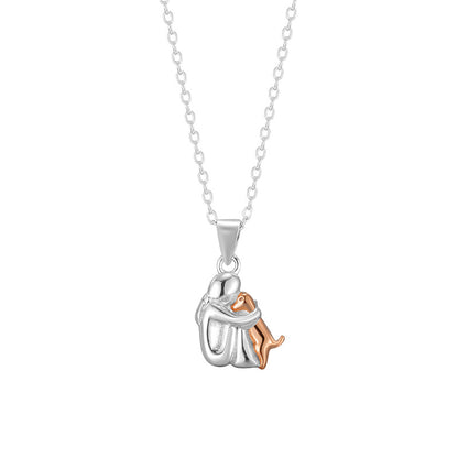 S925 sterling silver little girl and dog embrace necklace for women fashionable and simple contrasting color collarbone chain