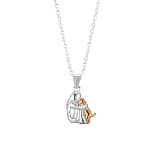 S925 sterling silver little girl and dog embrace necklace for women fashionable and simple contrasting color collarbone chain
