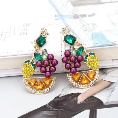 European and American Creative Countryside Style Grape Lemon Pearl Flower Earrings Exaggerated Fruit Flower Earrings Female