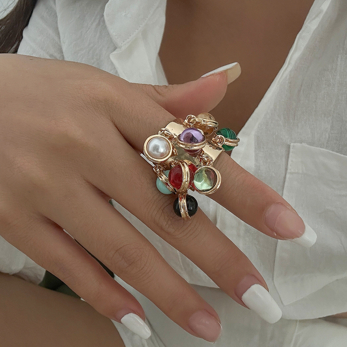 Vintage palace inlaid geometric ring, niche peacock stone circular alloy open ring