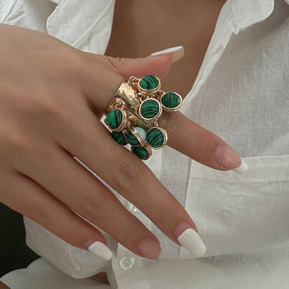 Vintage palace inlaid geometric ring, niche peacock stone circular alloy open ring