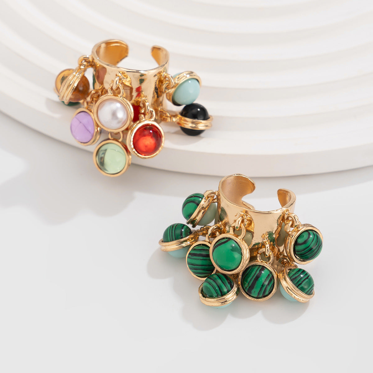 Vintage palace inlaid geometric ring, niche peacock stone circular alloy open ring