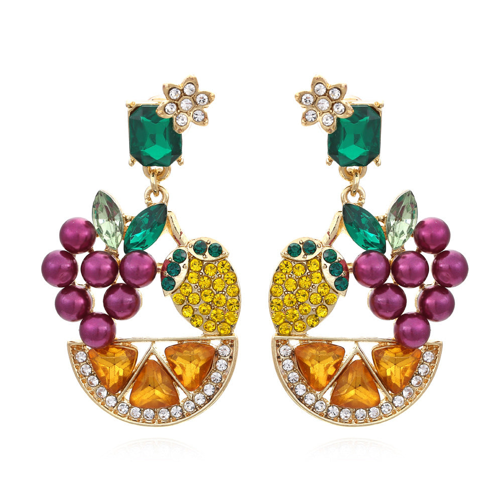 European and American Creative Countryside Style Grape Lemon Pearl Flower Earrings Exaggerated Fruit Flower Earrings Female