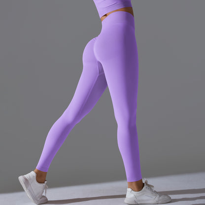 Seamless Solid Peach Sports Trousers for Women - Tight Running Fitness Yoga Pants with High Waist and Butt-Lifting Design