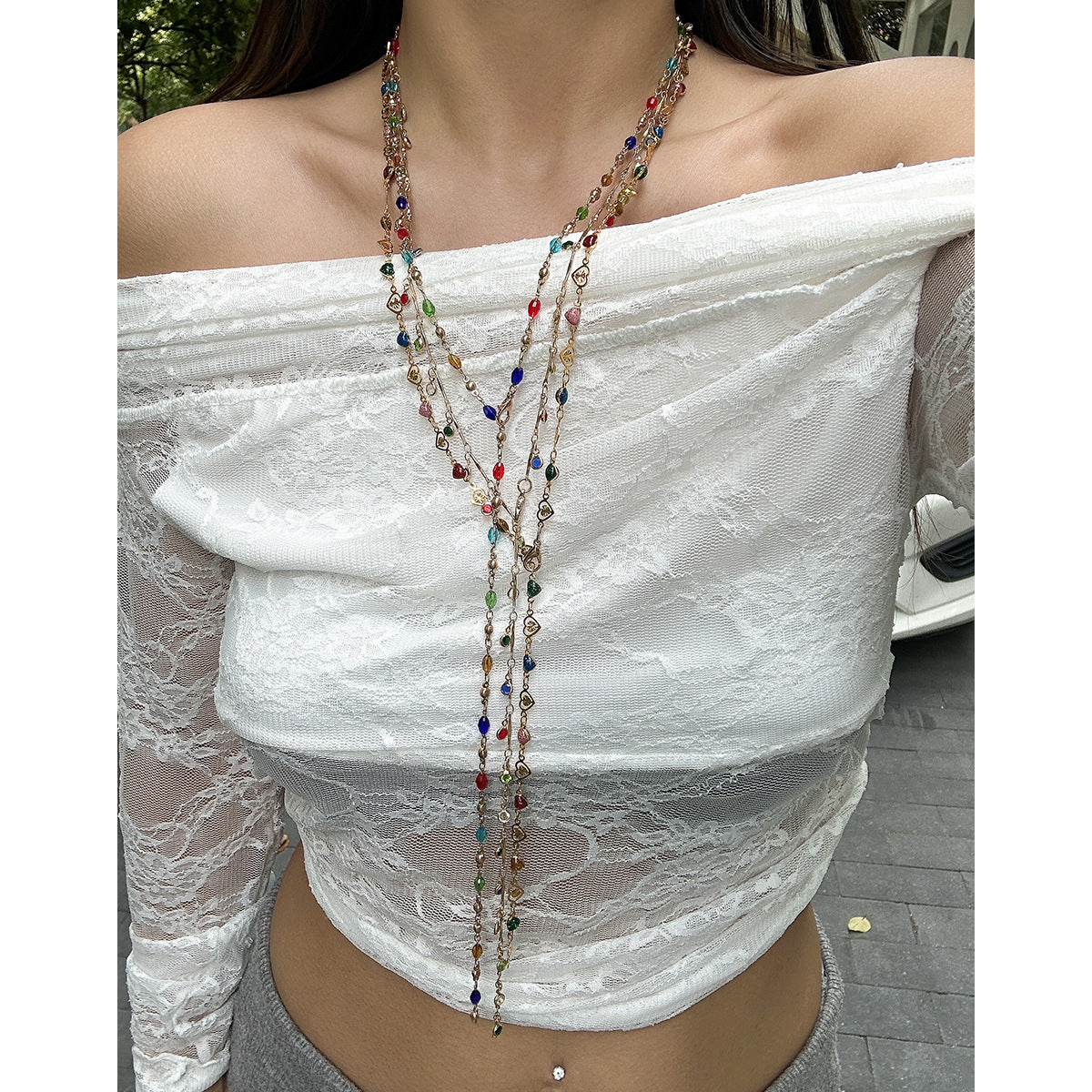 Fashionable tassel Y-shaped chain necklace for women, simple and multi-layered oil dripping bead collarbone chain
