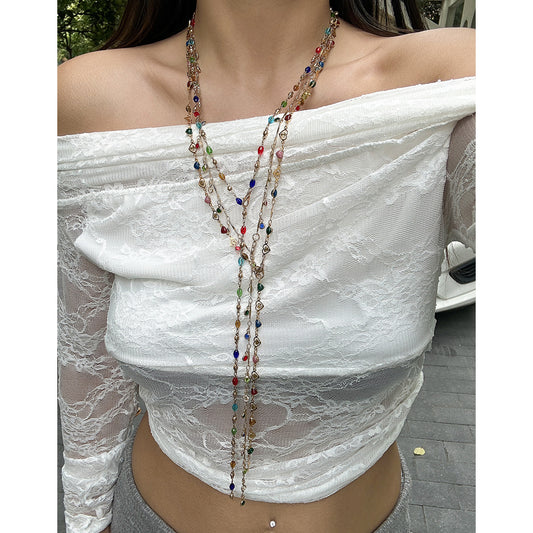 Fashionable tassel Y-shaped chain necklace for women, simple and multi-layered oil dripping bead collarbone chain
